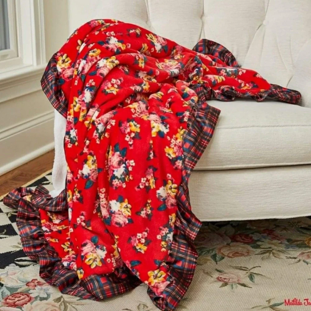 Matilda Jane Red Floral Blanket with Plaid Edging - Picture 2 of 4